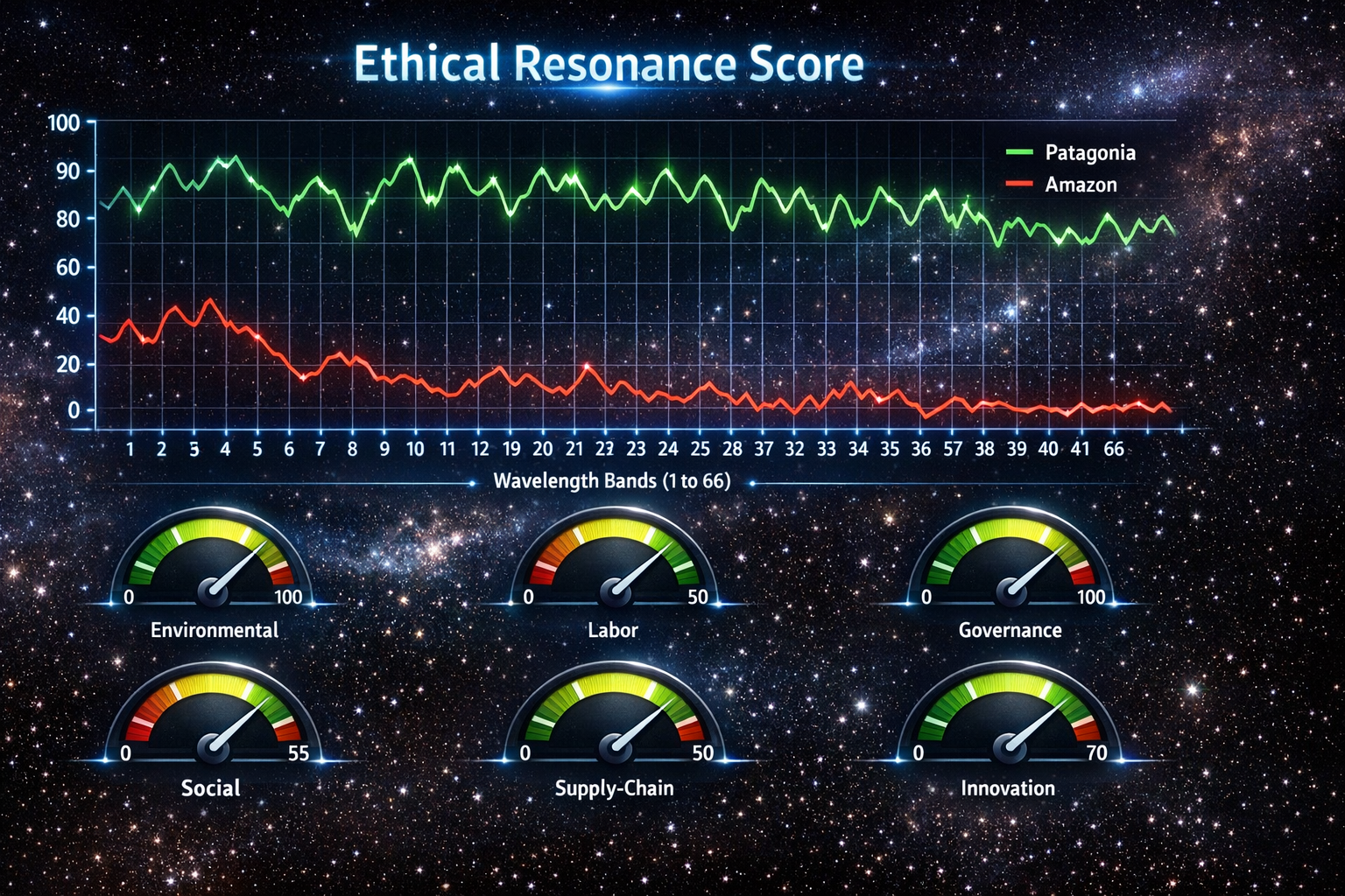 Ethical Resonance Score dashboard showing 66 wavelength bands and company scores