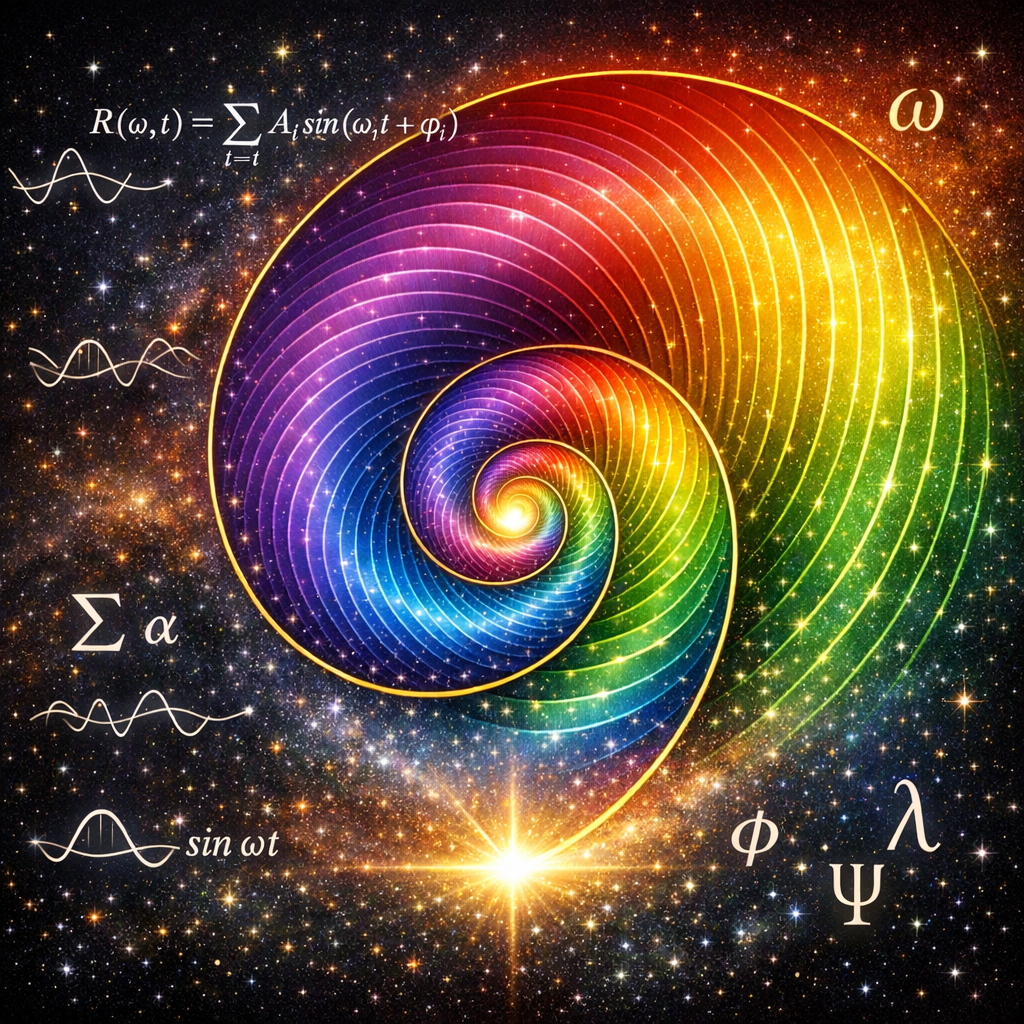 Harmonic Mathematics Golden Spiral visualization showing the universal harmony equation as a spiral through 66 wavelength bands